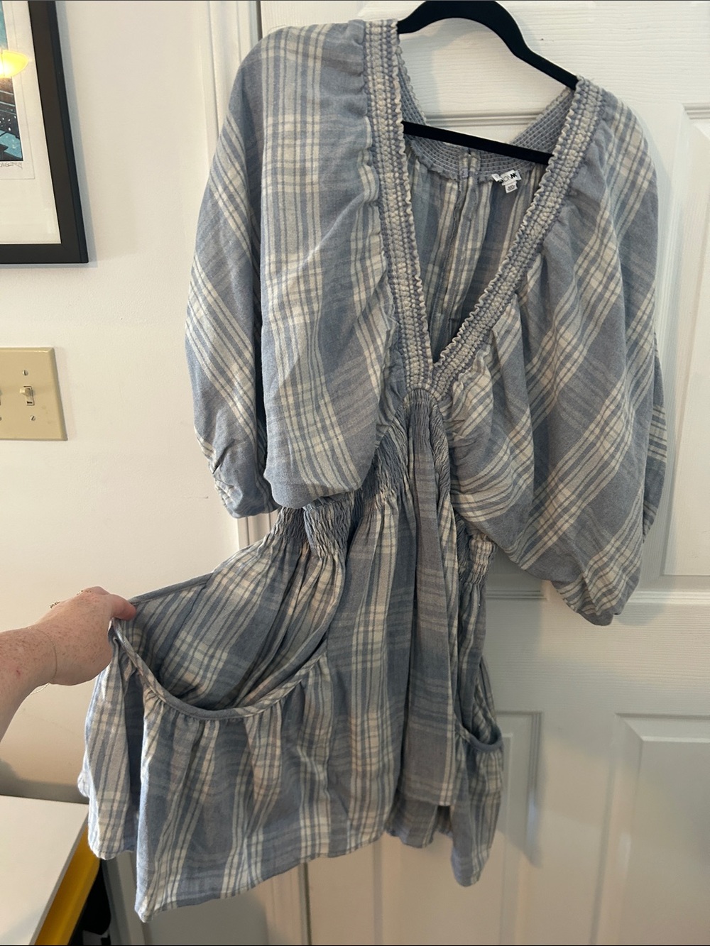 Fashion Nova Blue and White Plaid Long Sleeve Dress